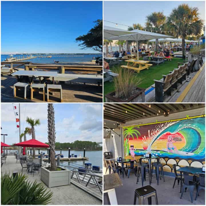 Collage of four dog friendly restaurants with outdoor seating