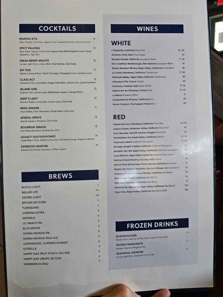 cocktail and wine menu with listed options