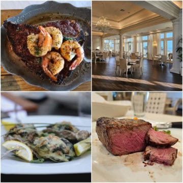 Collage of four photos with gulf topped steak, restaurant looking out to the Gulf, oysters on a plate, and filet mignon