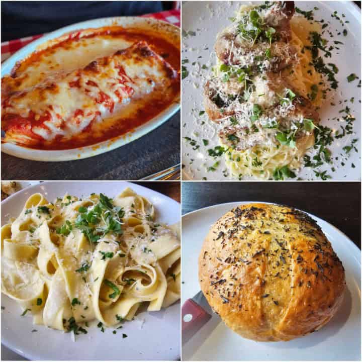 Collage of four photos with italian food, lasagna, pasta, bread