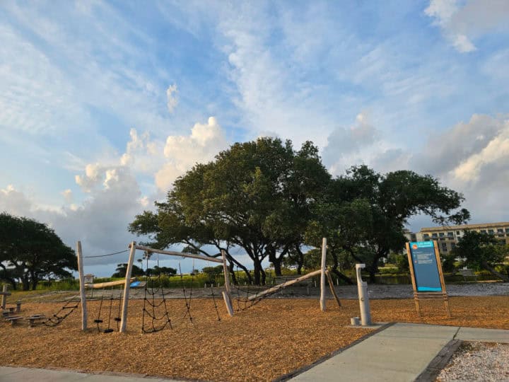 Playground equipment near a large tree, blue skies and clouds in the background