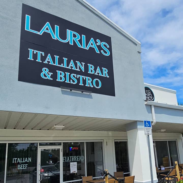 Lauria's Italian Bar and Bistro sign over the entrance to the restaurant