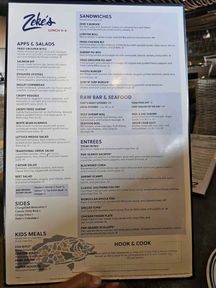 Zeke's lunch menu at the top of a large menu with appetizers, entrees, and hook & catch