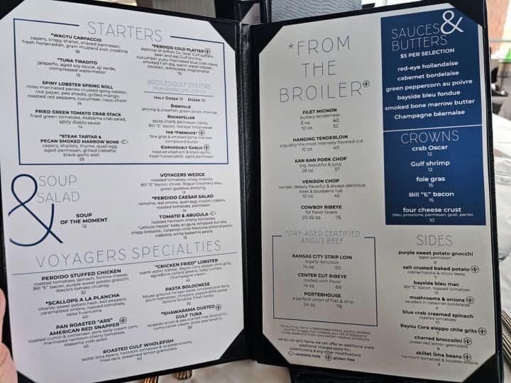 Voyageurs Menu with starters, salads, dry aged steaks, seafood, and sides