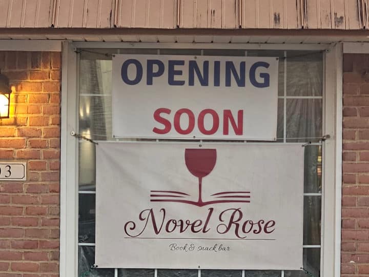 Opening Soon Novel Rose Book and Snack Bar Sign