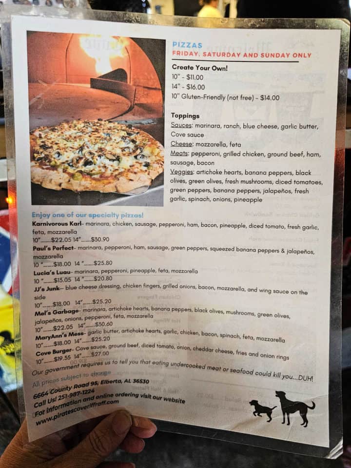 Pirates Cove pizza menu