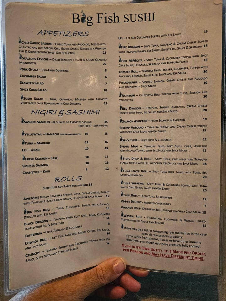 Big fish restaurant sushi menu