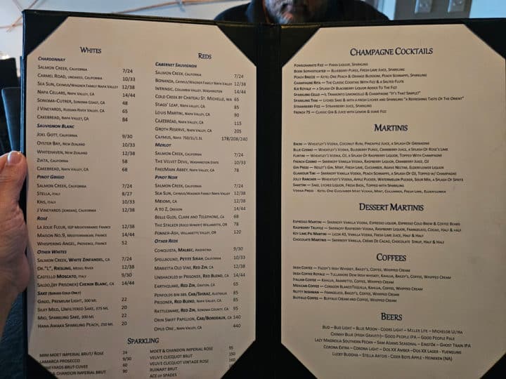 Big Fish restaurant wine and cocktail menu