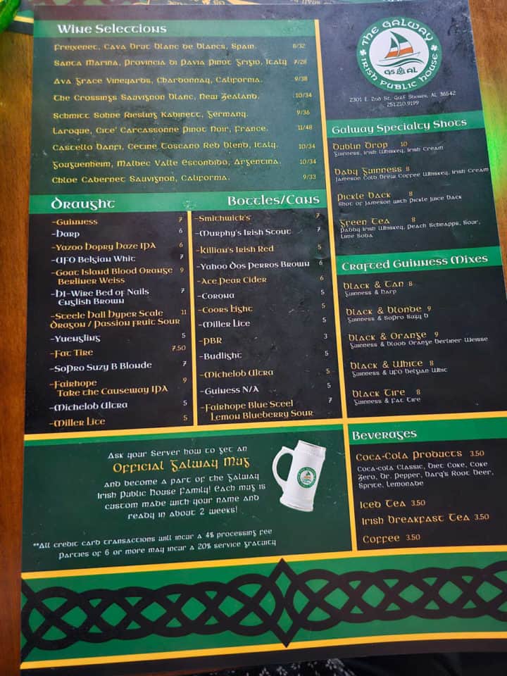 Wine and Beer Menu with The Galway logo on it