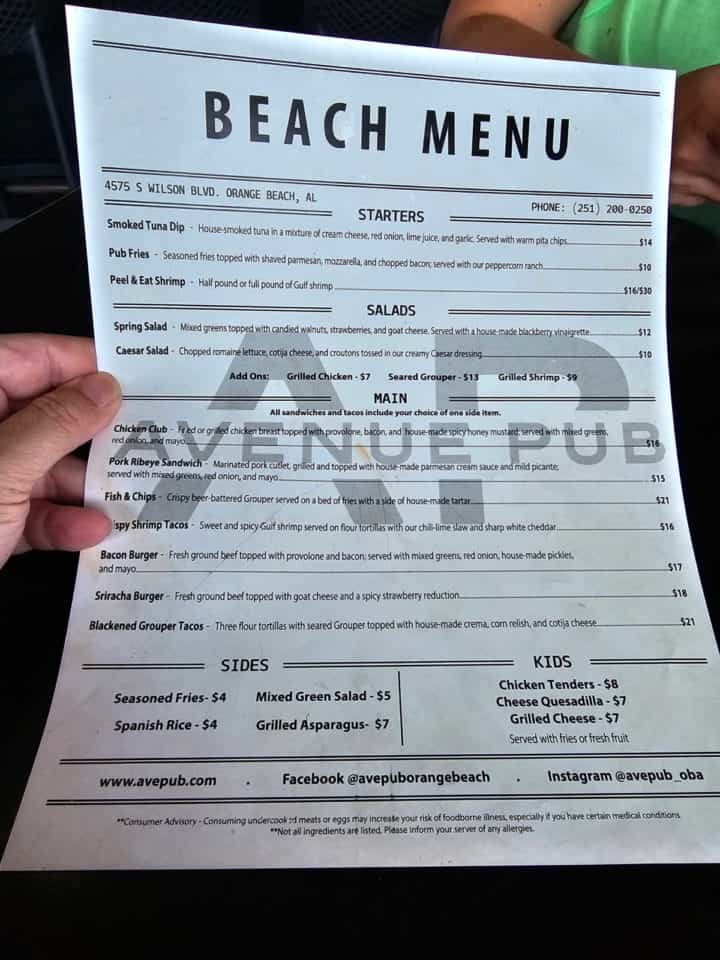 Avenue Pub Beach Menu