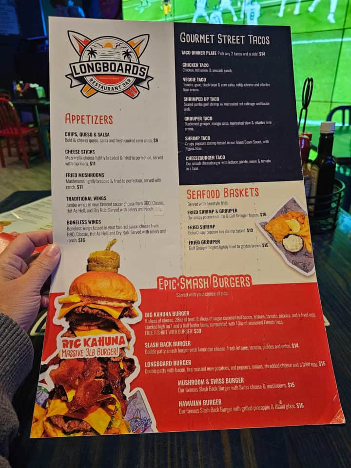 apptetizers taco and burger menu at Longboards Restaurant