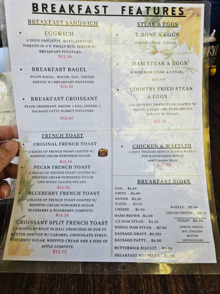 Jesse's Place breakast features menu