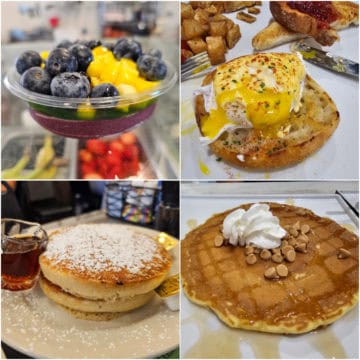 Collage of Pensacola Breakfast options with acai bowl, eggs benedict, fluffly pancakes, and peanut butter pancakes