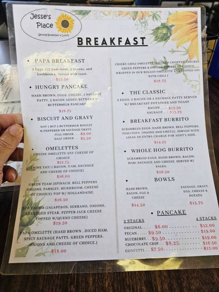 Jesse's Place breakfast menu