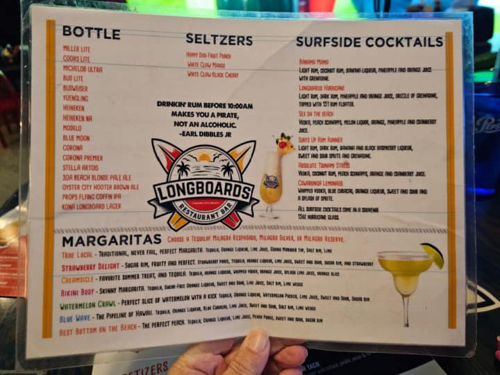 Cocktail menu with Longboards Restaurant Bar logo in the middle