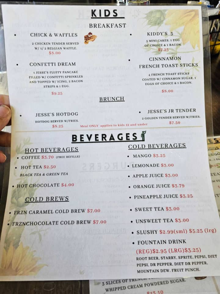 Jesse's Place Kids and beverage menu