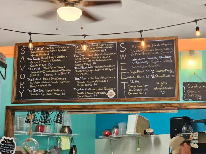 Chalkboard menu with savory and sweet crepes