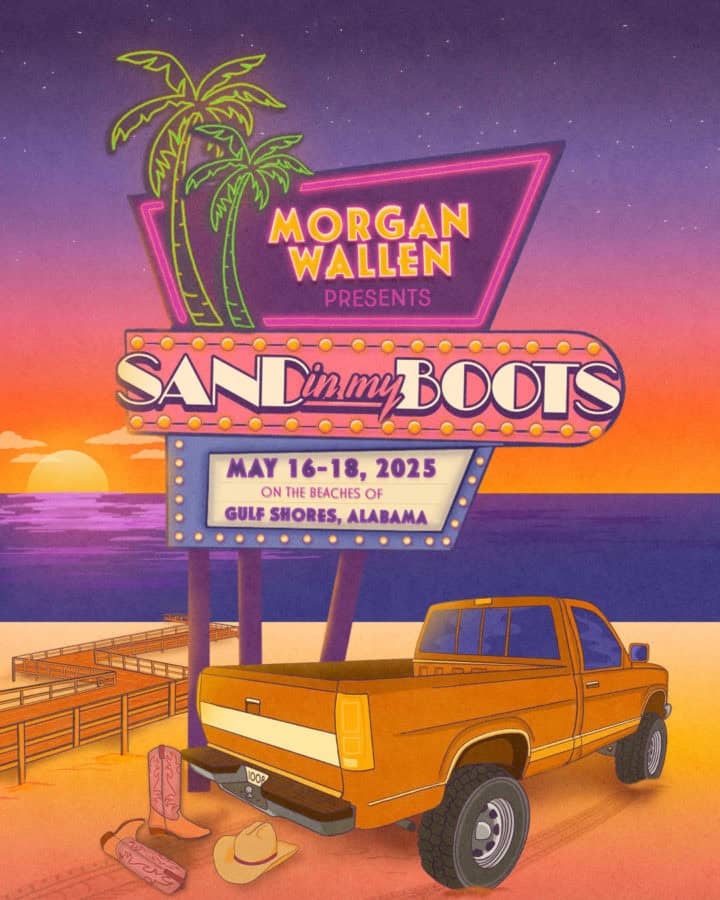 Morgan Wallen presents Sand in My Boots festival poster with palm trees, a yellow truck, and cowboy boots on the sand