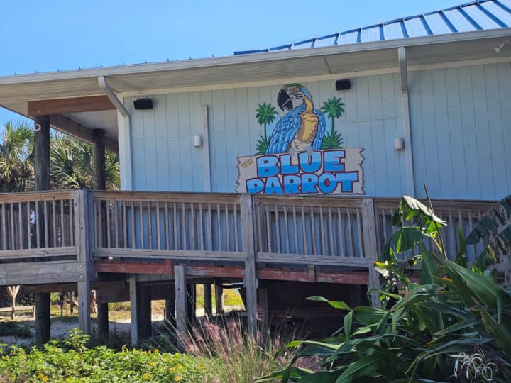 The Blue Parrot logo on the side of a building with a ramp leading up to the restaurant. 