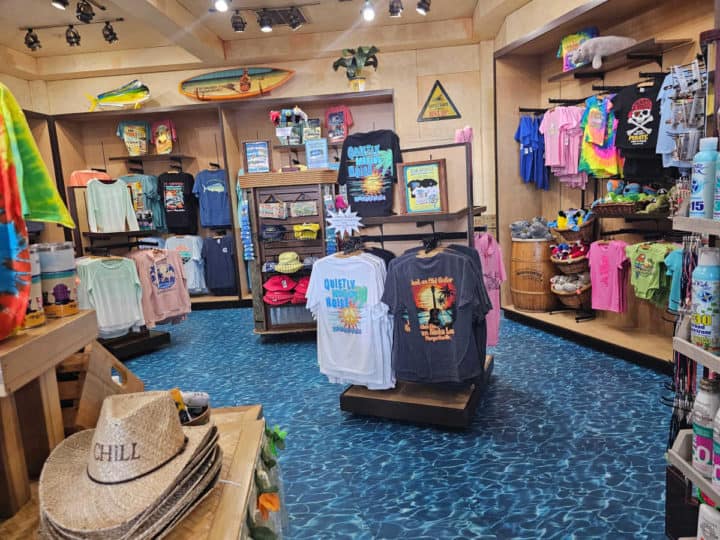 Gift shop with t-shirts, towels, and hats