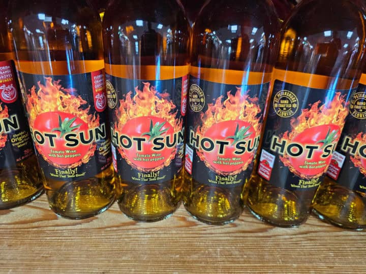 Hot sun tomato wine bottles on display