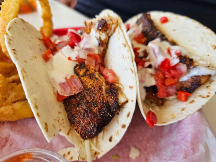 Mahi tacos in a paper lined basket