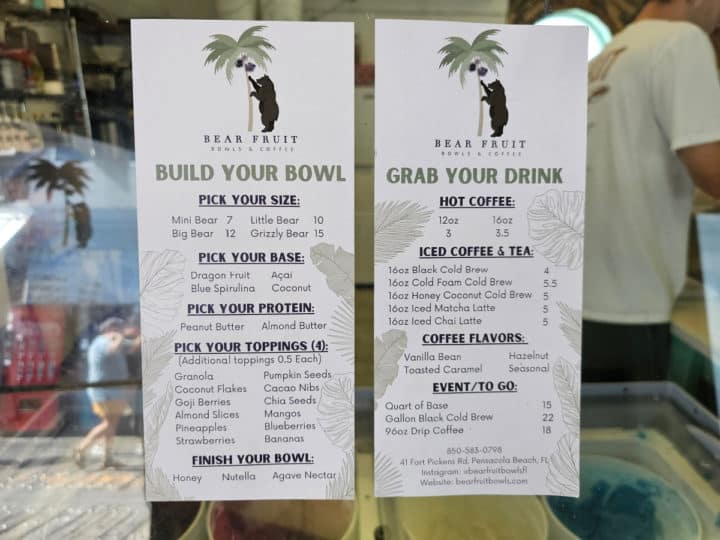 Bear Fruit Bowls menu and coffee drinks 