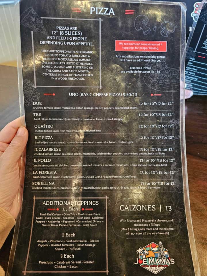 pizza and calzone menu, joe mama's wood fired pizza