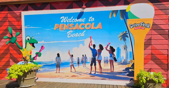 Welcome to Pensacola Beach mural with Senor Frog on it