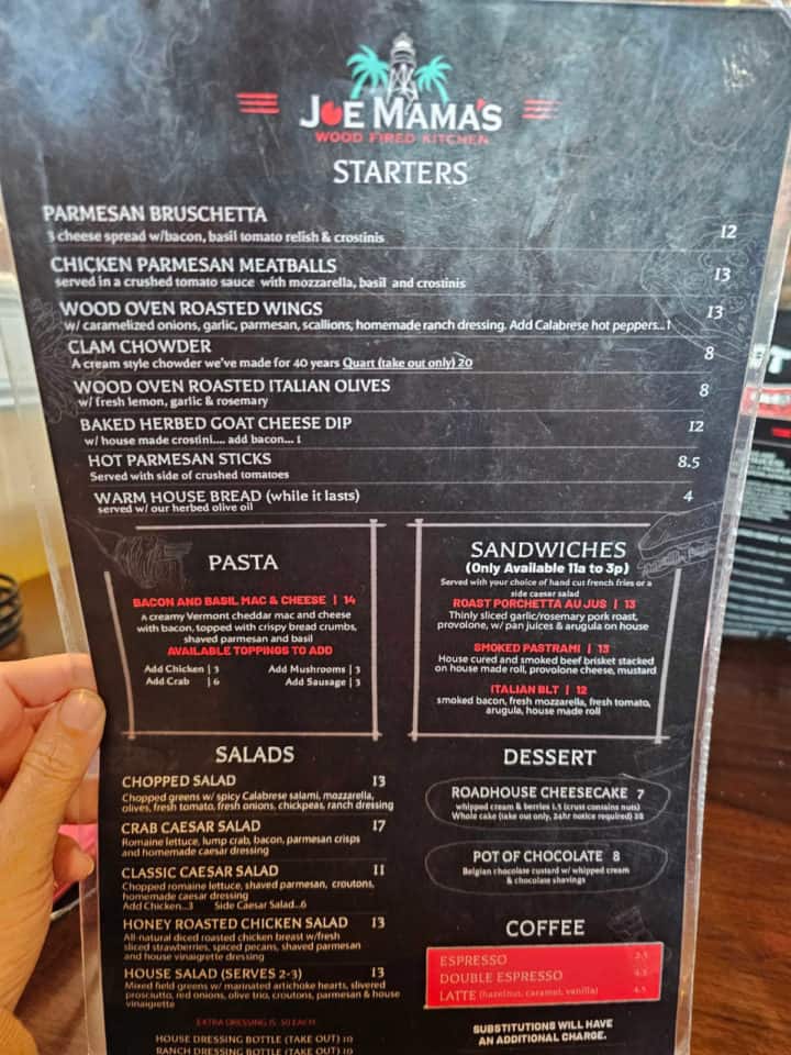 Joe Mama's Kitchen menu with starters, salads, and pasta options