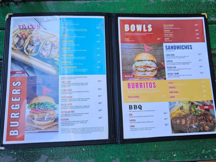 Senor Frogs burgers, tacos, and bowls menu with photos