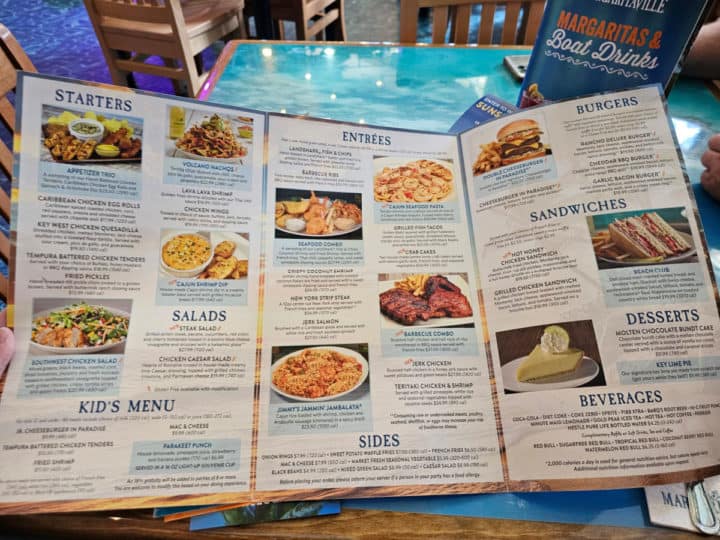 large Margaritaville menu with menu items and photos