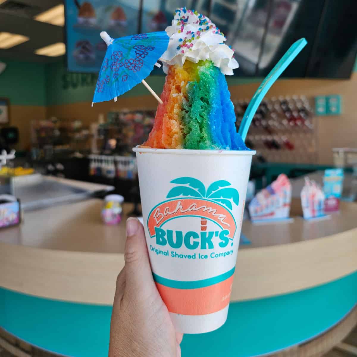 Rainbow snowcone in a Bahama Buck's Original Shaved Ice Cup