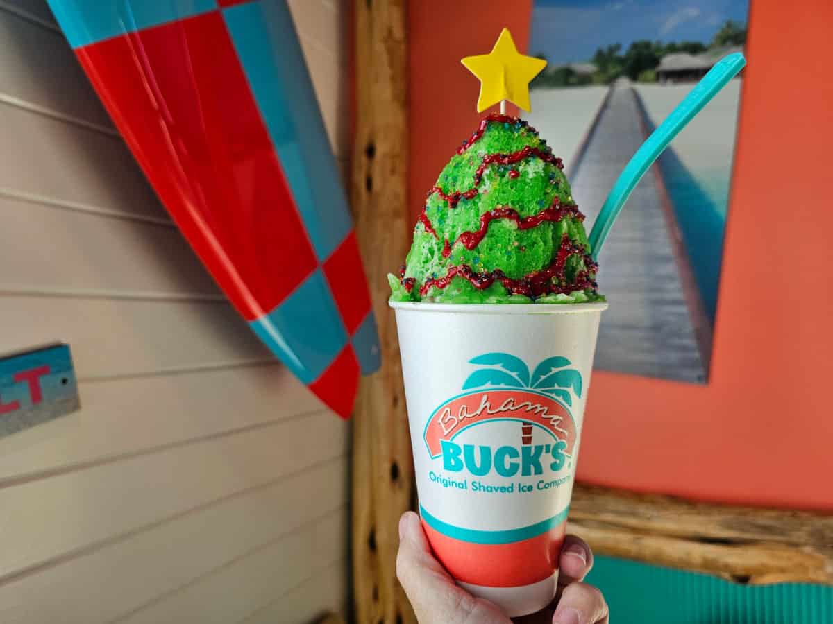 Christmas tree snow cone in a Bahama Buck's Original Shaved Ice cup