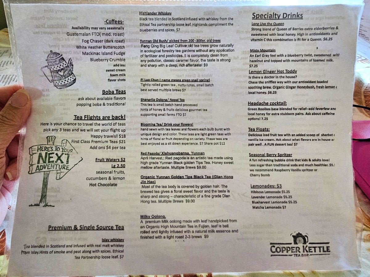 Copper kettle tea bar menu with coffees and specialty drinks