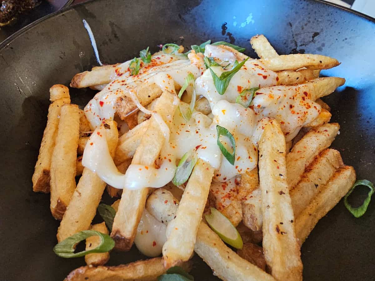 raclette cheese fries in a dark bowl