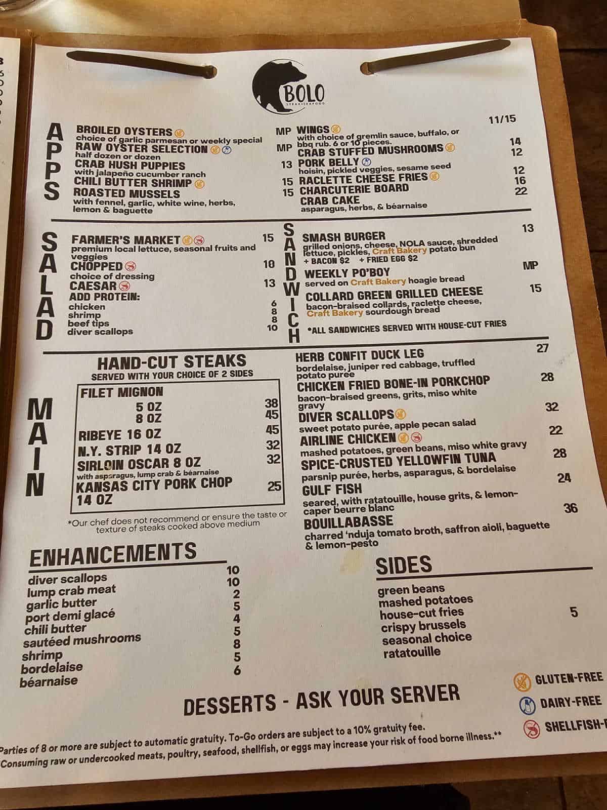 Bolo menu with apps, salad, sandwich, main, and sides