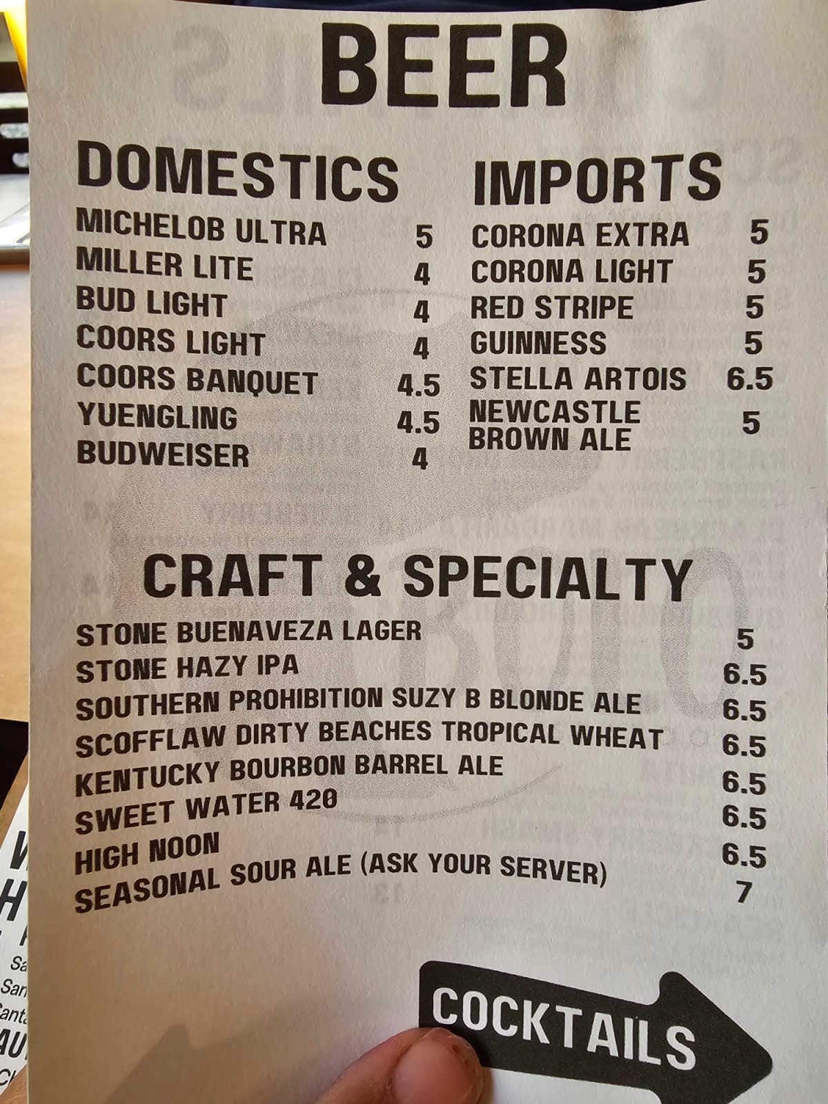 Beer domestic and imports, craft and specialty menu