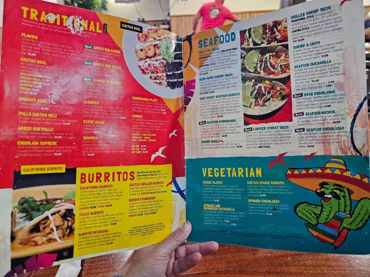 Cactus Cantina menu with traditional, burrito, and seafood options