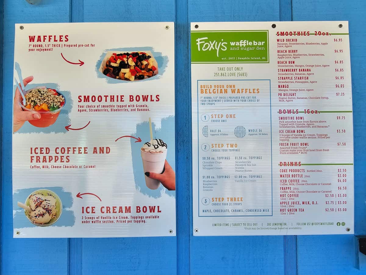 Foxy's Waffle Bar and Sugar Den Menu