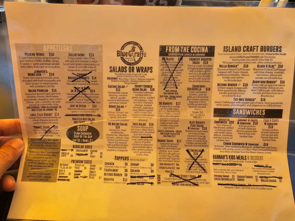 Blue Giraffe Sanibel Menu with appetizers, salads and wraps, burgers