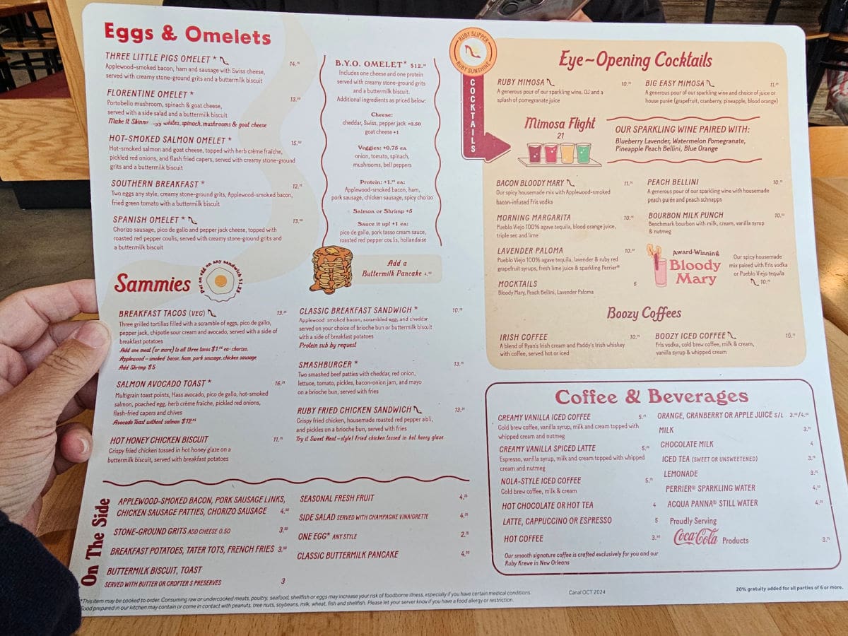 Ruby Slipper menu with eggs & Omelets, sammies, coffee, eye-opening cocktails
