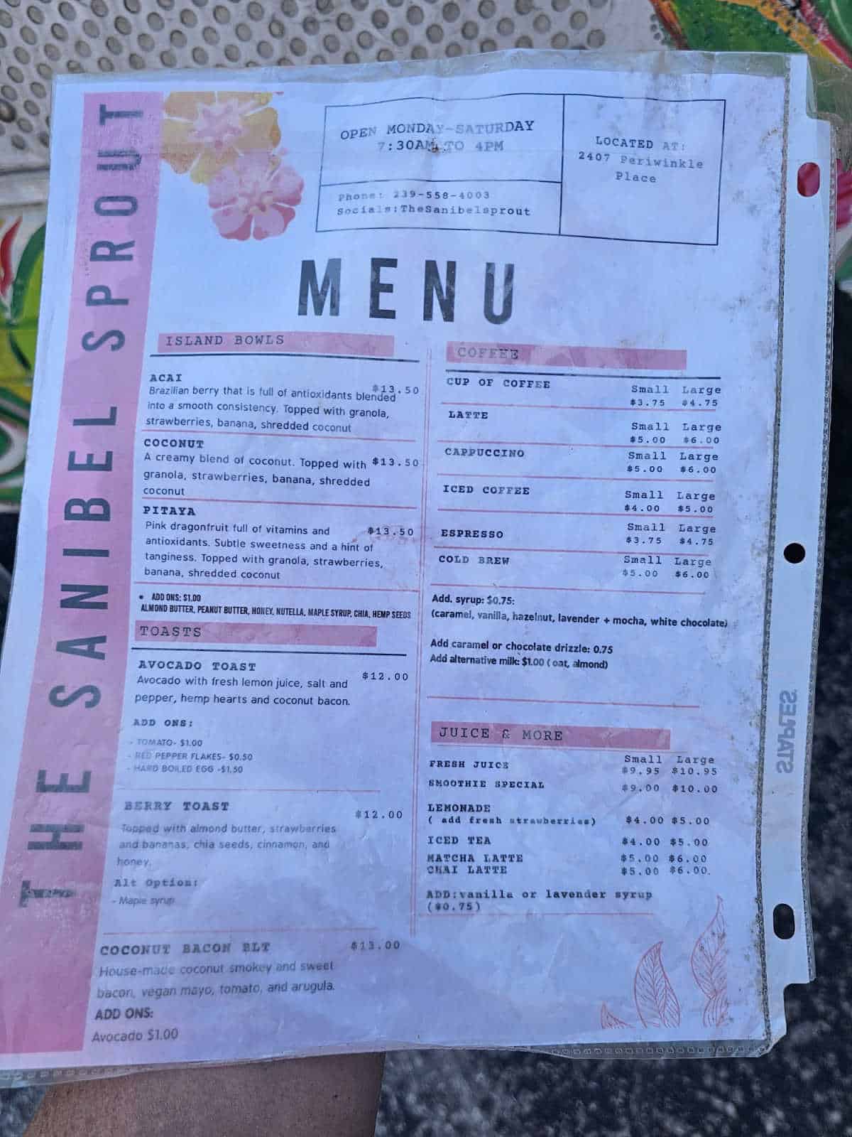 Sanibel Sprout menu with island bowls, coffee, toast, and juice