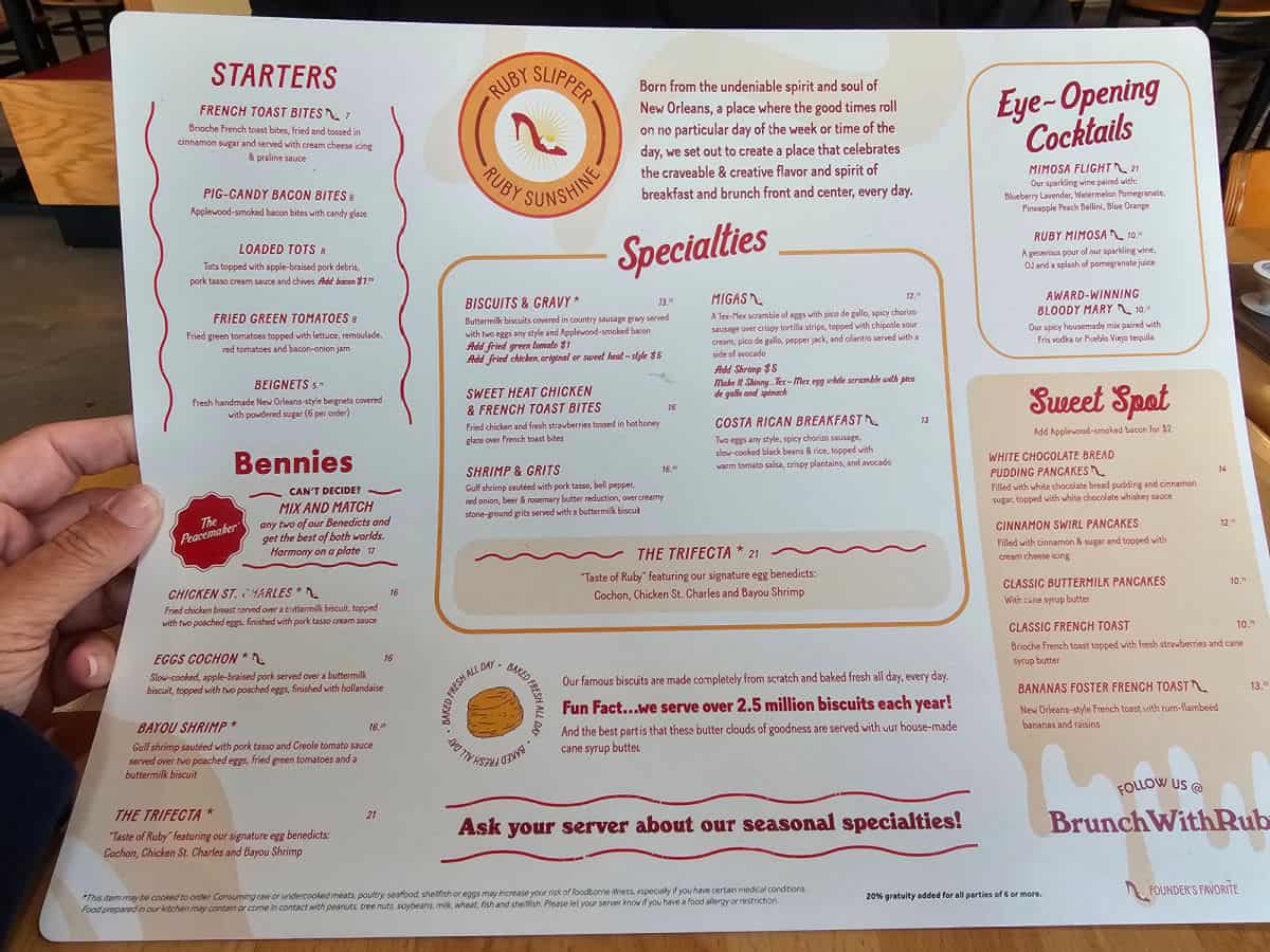Ruby Slipper menu with starters, bennies, specialties, and eye-opening cocktails