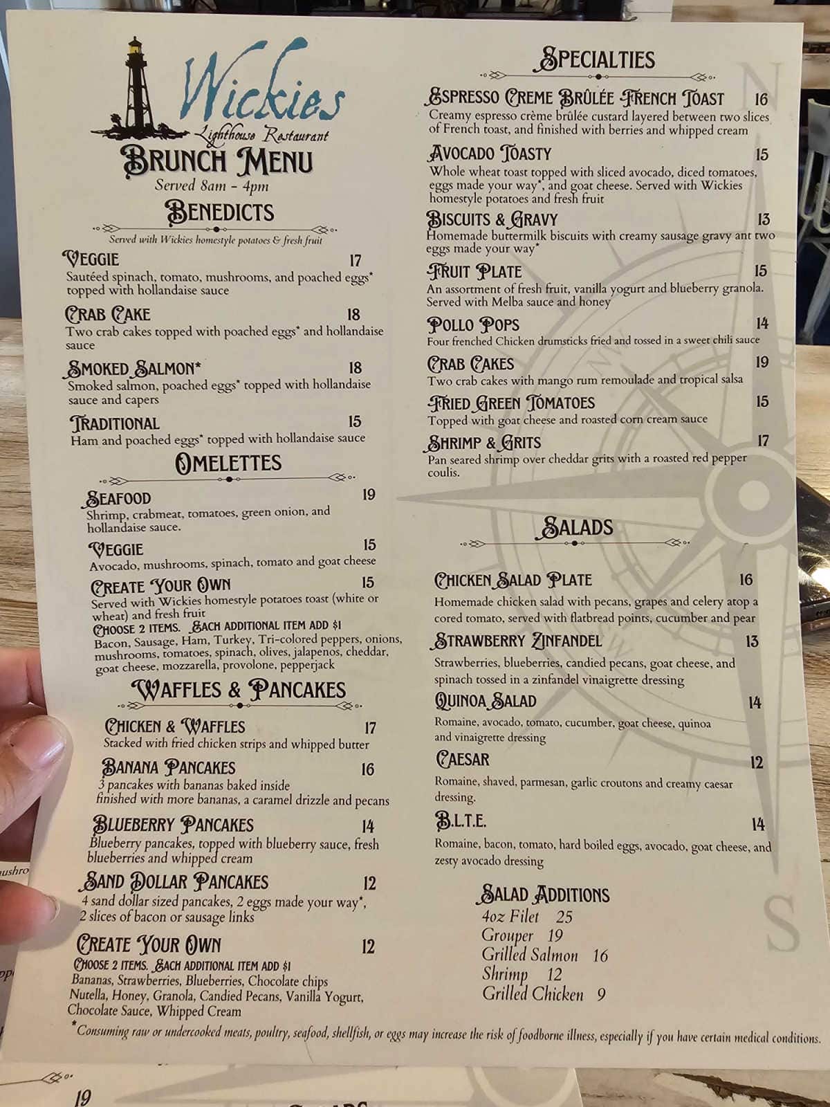 Wickies brunch menu with omelettes benedicts waffles and pancakes