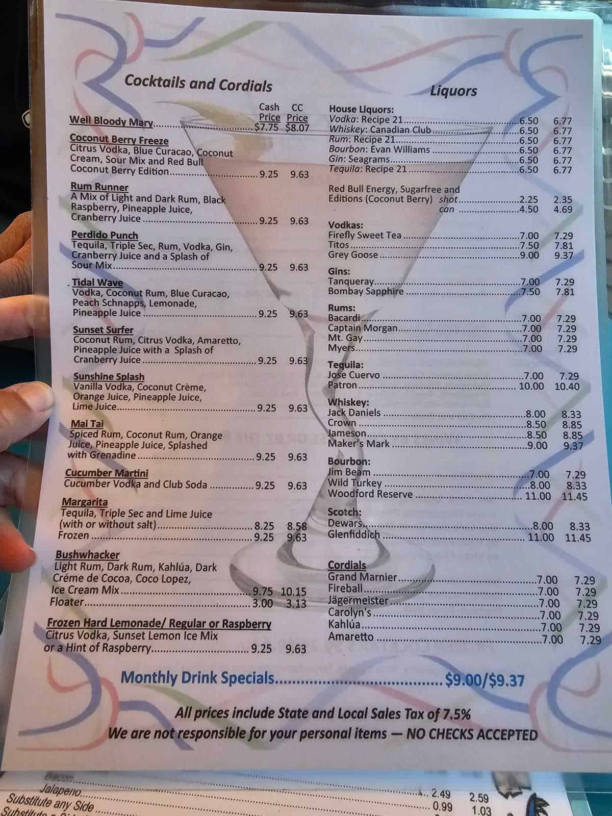 Sunset grille drink and cocktail menu