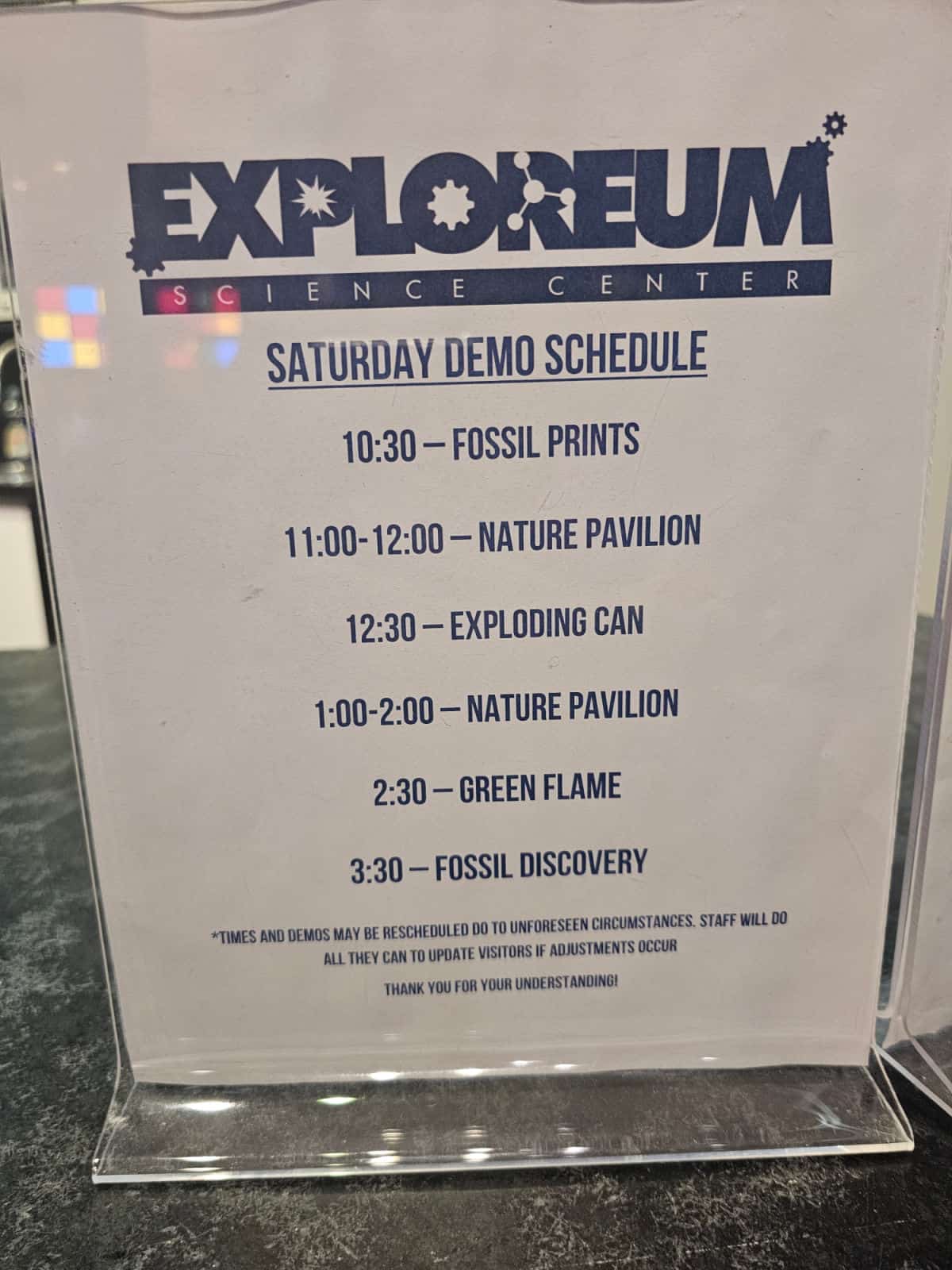 Exploreum science center demo schedule paper