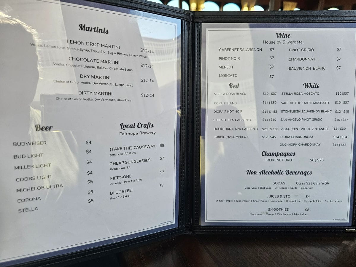perdido queen cruises drink menu with wine and martinis