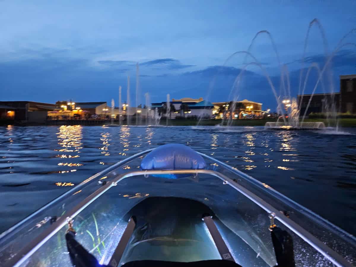 Clear kayak with a view of OWA fountains