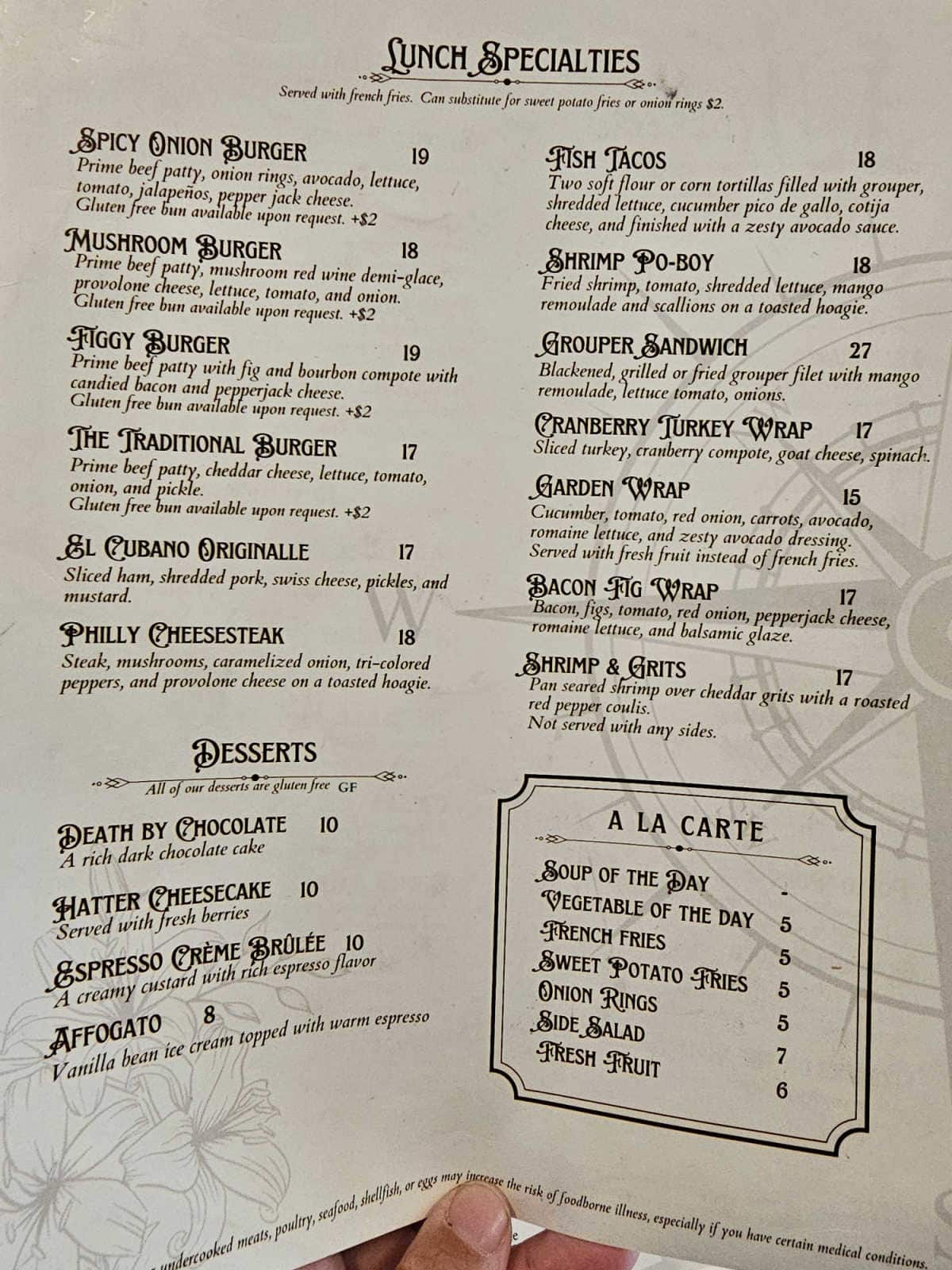Lunch specialties menu for Wickies Lighthouse restaurant